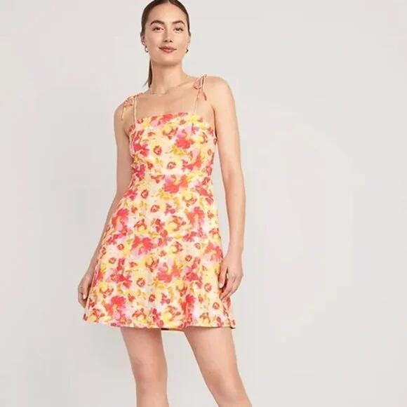 [Old Navy] Pink Floral Print Linen Blend Square Neck Mini Dress Smocked Sz Large - Picture 1 of 12